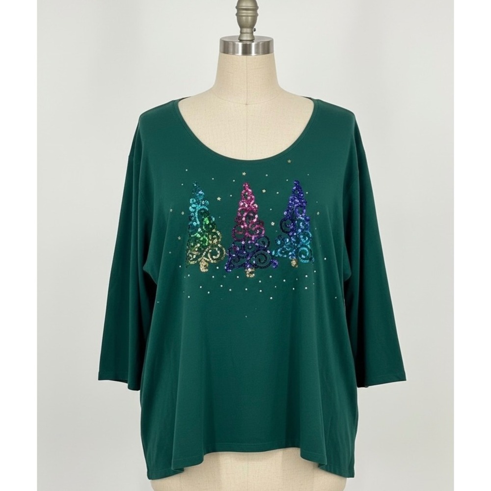Catherines Christmas Tree Sequin Top Green‎ Plus Size 5X 34/36W 3/4 Sleeve